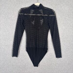 Black Lace Mesh Sheer Bodysuit Small Satin Bow‎ Whimsigoth Coquette Feminine